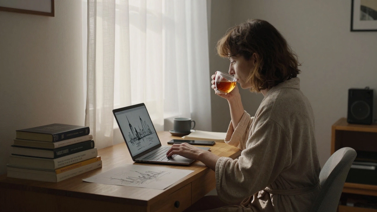 A woman at dawn in her studio apartment, typing on a laptop with books and sketches around her, morning light streaming in.