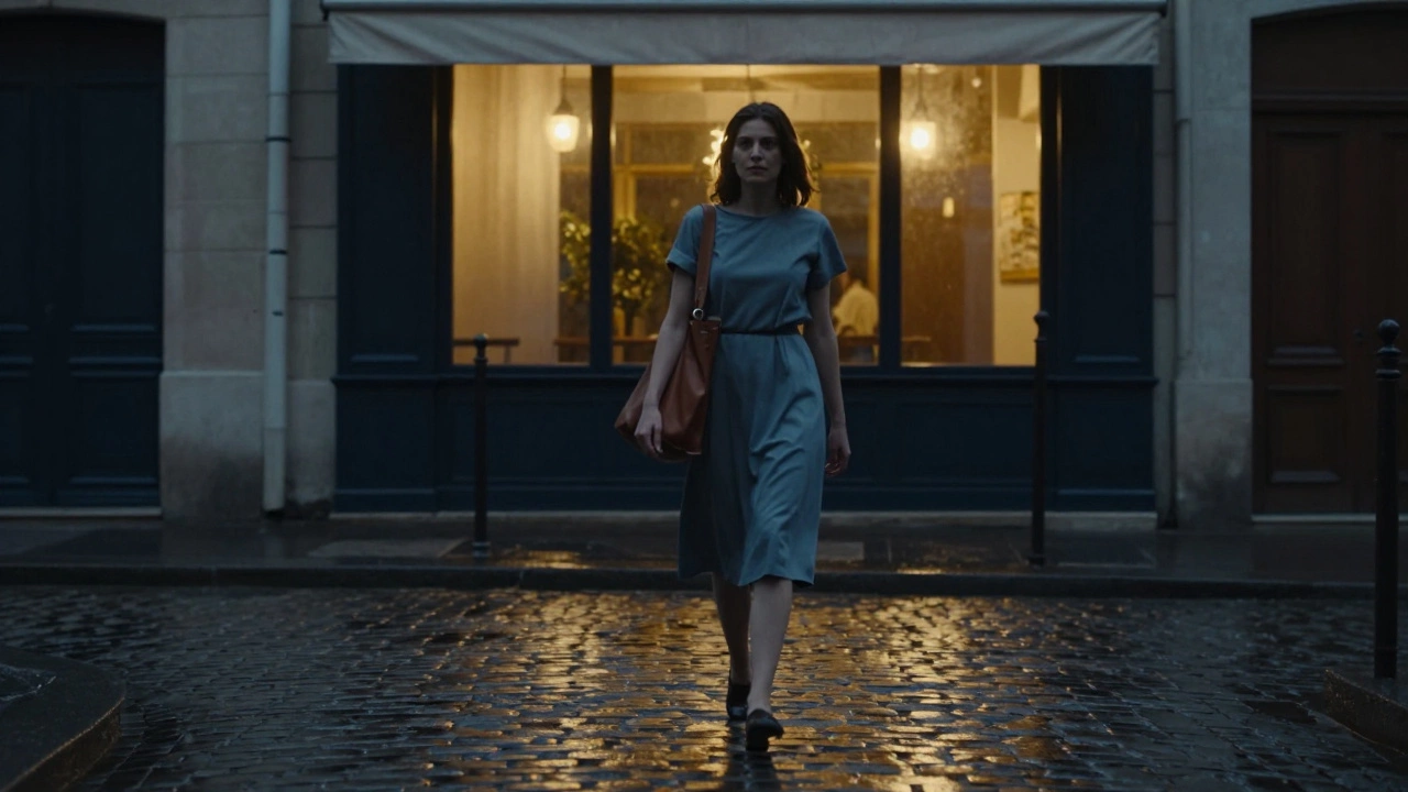 A woman walking alone through a rainy Paris street near Saint-Germain, illuminated by café lights at midnight.